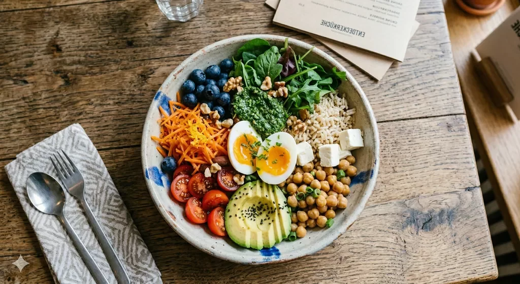 Alferis Balancebistro Power Bowl v2 mit Ei, frischem Gemüse, Blaubeeren, Reis und Kichererbsen