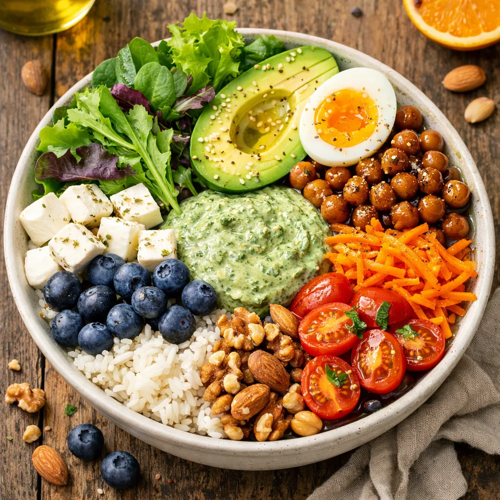 Alferis Balancebistro Power Bowl mit Gemüse, Reis, Mandeln, Fetakäse, Blaubeeren und Ei