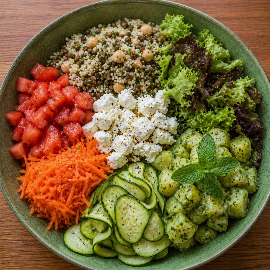 Spring Bowl mit frischem Gemüse, Fetakäse und Hirse mit Kichererbsen