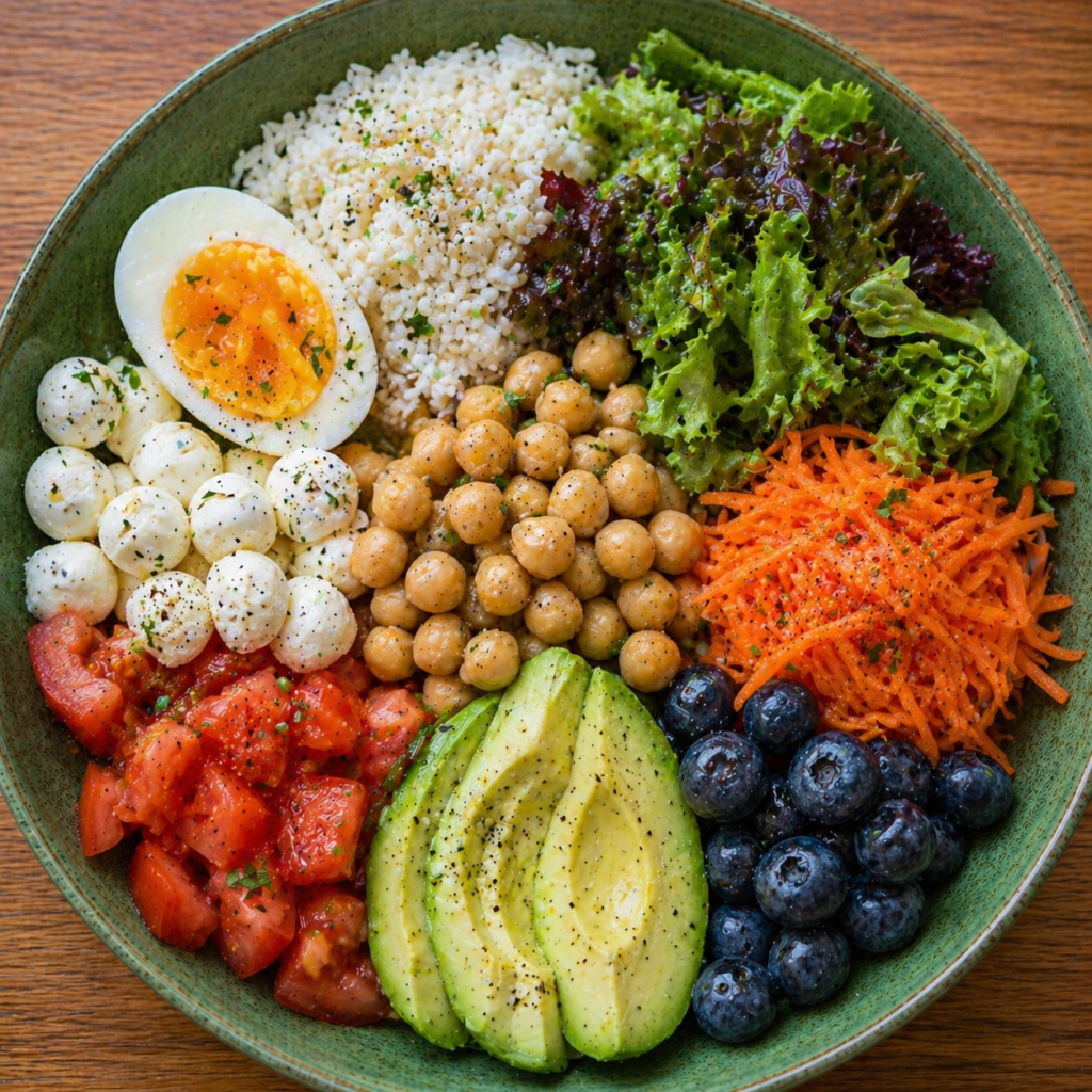 Power Bowl mit Gemüse, Blaubeeren, Mozzarella, Kichererbsen und Hirse
