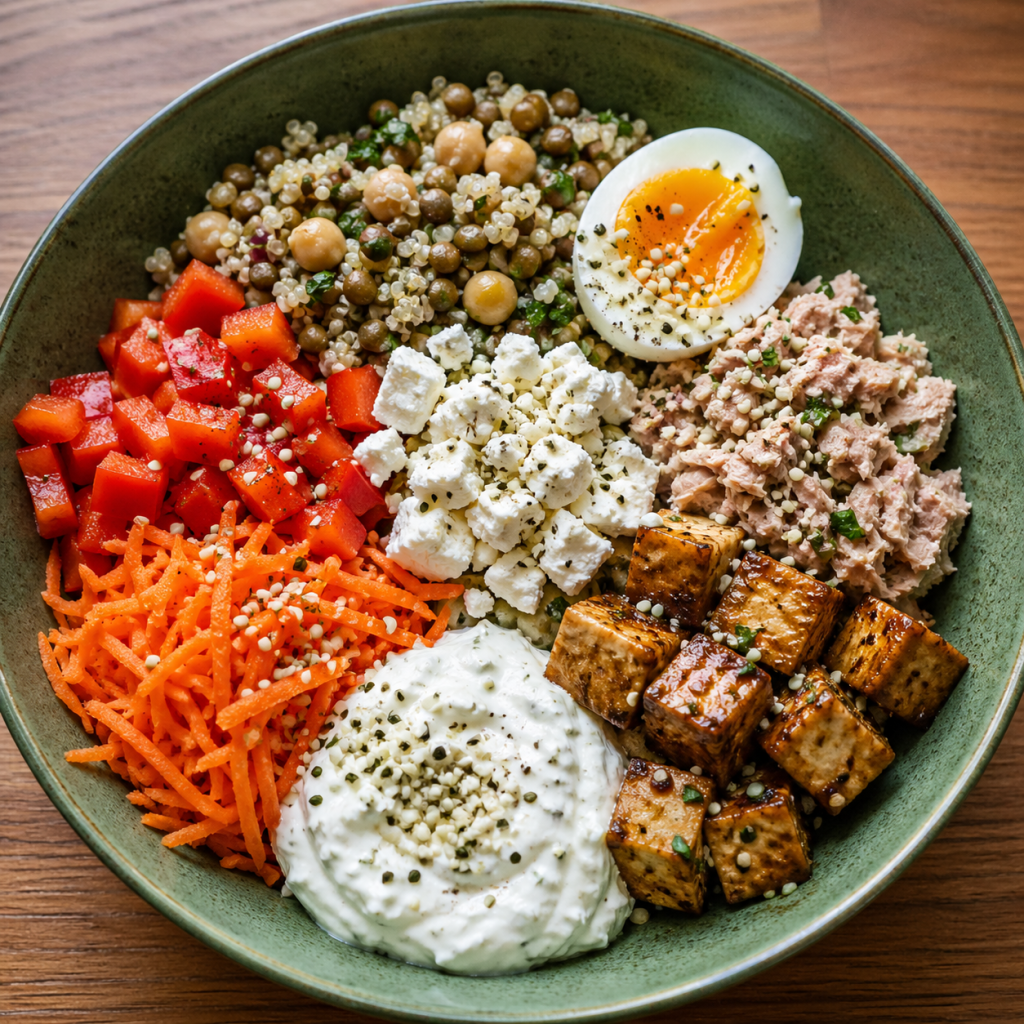 High Protein Bowl mit Gemüse, Ei, Gesunden Kohlenhydraten, Tofu und Tunfisch